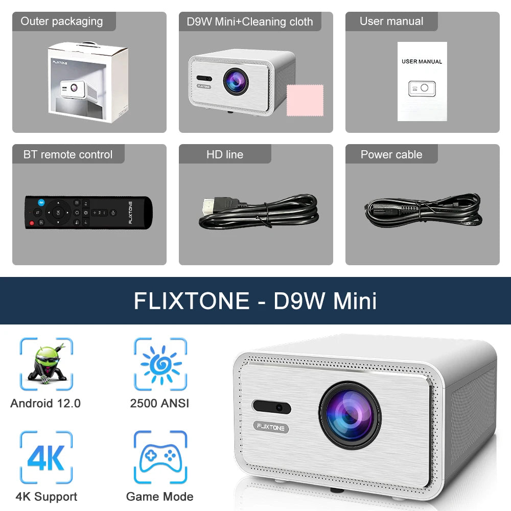 Flixtone D9W Mini 2500 ANSI Full HD 1080P Projector 4K Portable Beam Projectors for Movies Home Theater WiFi Android Game Beamer
