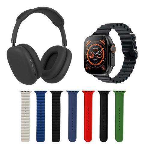 Reloj Smartwatch Con 7 Mallas Y Auriculares Bluetooth Combo